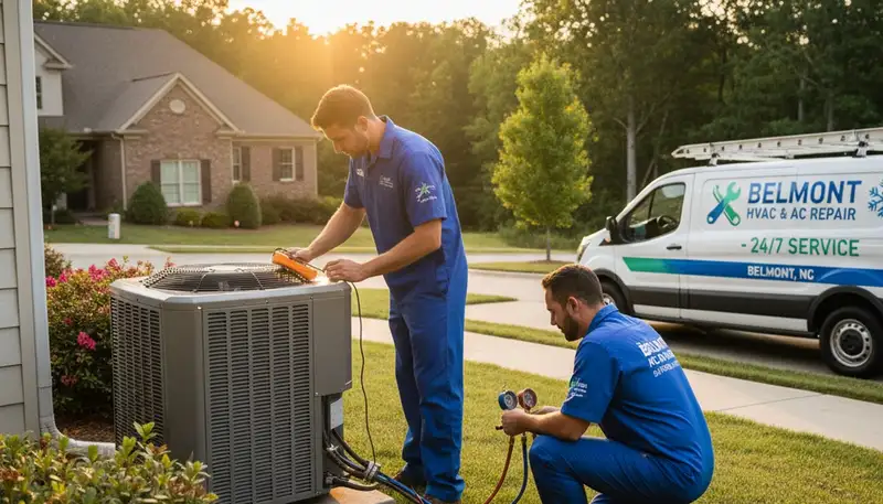 Professional AC repair technician servicing air conditioner unit in Charlotte NC home