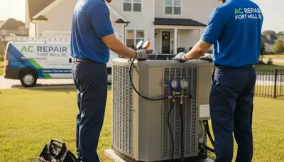 Professional AC repair technician servicing air conditioning unit in Charlotte NC home