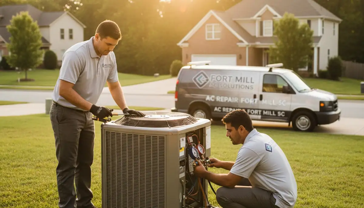 Professional AC repair technician servicing cooling unit in Charlotte, NC home