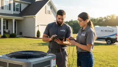 Professional AC repair technician servicing air conditioner in Charlotte NC home