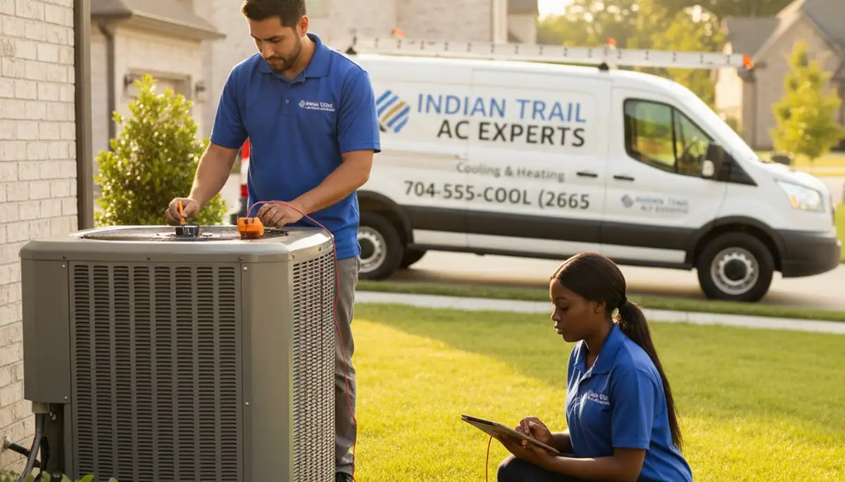 Professional AC repair technician servicing air conditioner unit in Charlotte NC home