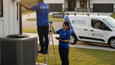 Professional AC repair technician servicing air conditioner in Charlotte NC home