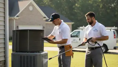 Professional AC repair technician servicing air conditioner unit in Charlotte, NC home