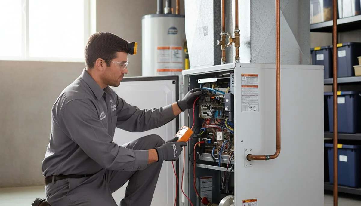 Technician performing furnace repair in Charlotte NC home for Five Star Cooling heating service