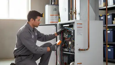 Technician performing furnace repair in Charlotte NC home for Five Star Cooling heating service