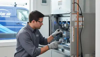 Technician performing furnace repair in Charlotte NC home for Five Star Cooling heating service