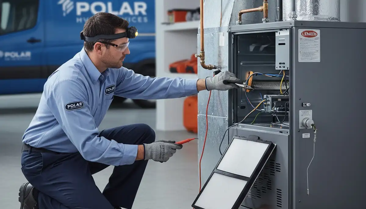 Technician performing furnace repair service in Charlotte, NC home for Five Star Cooling
