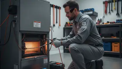 Technician performing furnace heating repair in Charlotte NC home by Five Star Cooling