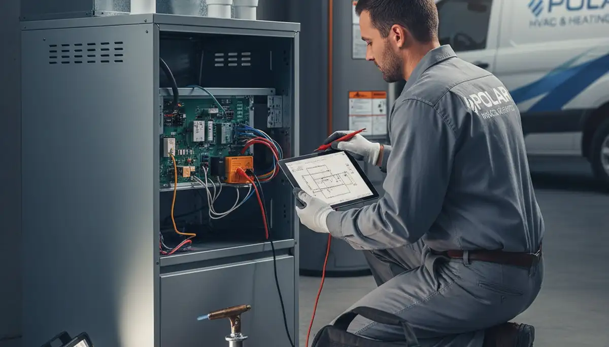 Technician performing heating repair on furnace in Charlotte, NC home by Five Star Cooling