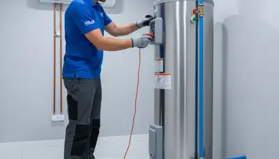 Technician repairing residential water heater in Charlotte NC home for Five Star Cooling service