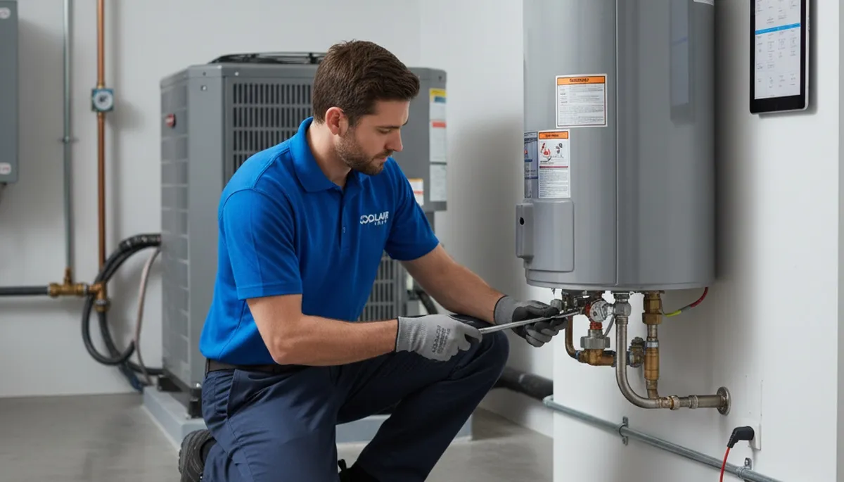 Technician repairing residential water heater in Charlotte NC for Five Star Cooling service