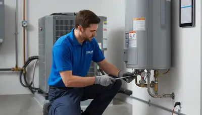 Technician repairing residential water heater in Charlotte NC for Five Star Cooling service